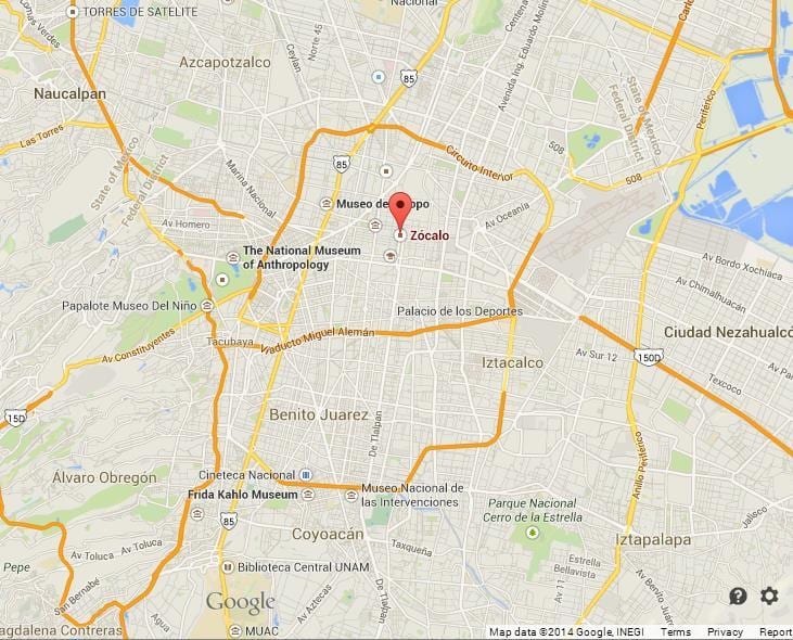 zocalo เม็กซิโกองเมืองบนแผนที่